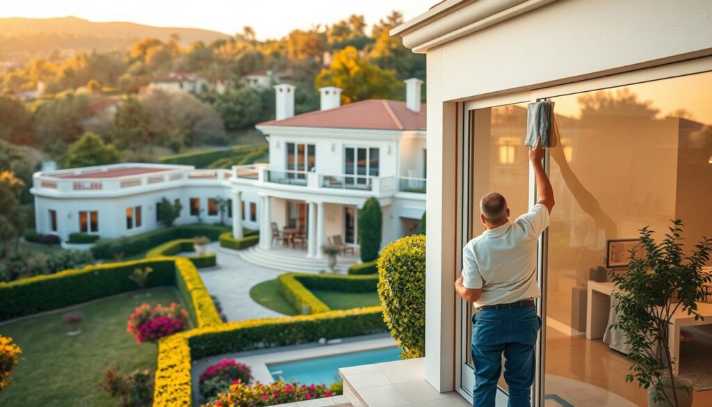 A sprawling villa nestled in the heart of Ahed Rifaida, its pristine white exterior bathed in warm, golden sunlight. The lush, manicured gardens surrounding the property, with neatly trimmed hedges and vibrant flora. In the foreground, a team of professional cleaners meticulously scrubbing the villa's windows, ensuring a crystal-clear view of the idyllic scene. The interiors, visible through the gleaming glass, showcase the luxurious and well-appointed living spaces. A sense of order and attention to detail pervades the entire setting, reflecting the high-quality, comprehensive cleaning services offered by the company. The image conveys a harmonious blend of tranquility, efficiency, and the exceptional standards of the cleaning services in Ahed Rifaida.