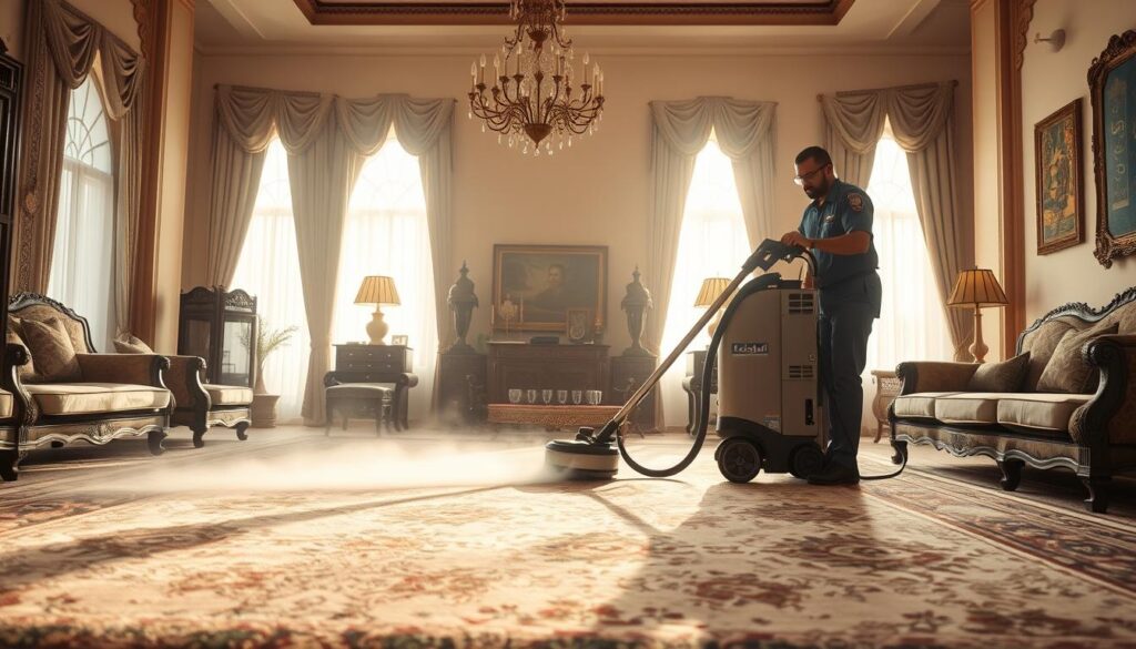 A steam-powered commercial carpet cleaner thoroughly vacuuming and extracting dirt and stains from a luxurious, plush majlis (Arabic-style living room) in Bisha, Saudi Arabia. The operator in a uniform guides the heavy-duty machine across the ornate, patterned rug, leaving a trail of fresh, revitalized fabric in its wake. Soft, diffused lighting filters through large windows, creating a serene, tranquil atmosphere. The room is adorned with traditional Middle Eastern decor, including ornate wooden furniture, intricate wall hangings, and elegant chandeliers. The scene conveys a sense of meticulous, professional cleaning service elevating the space to its former glory.