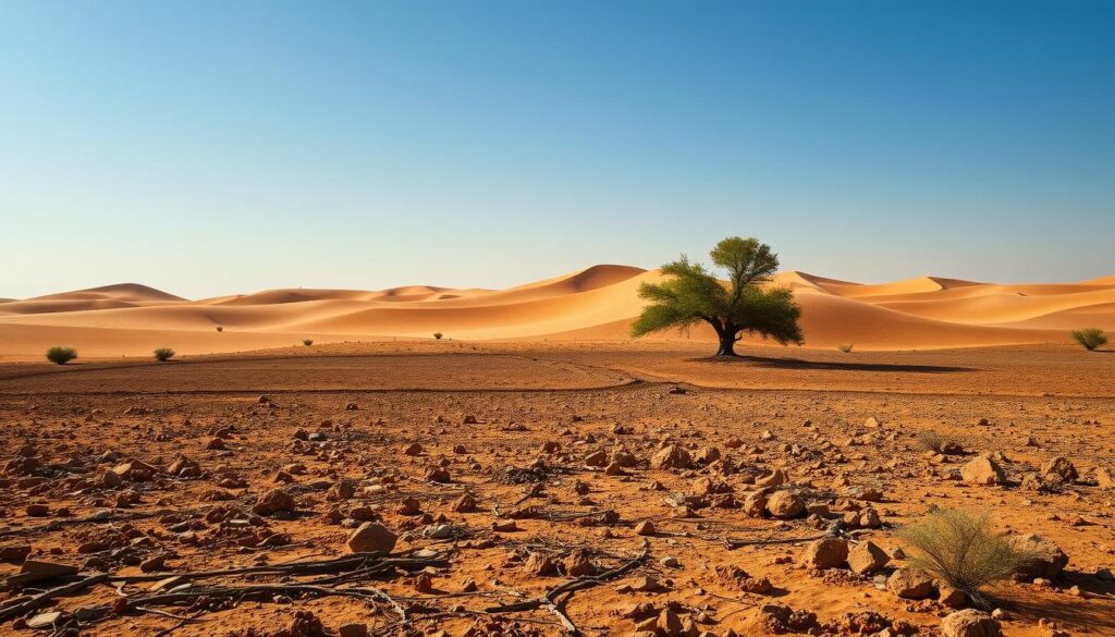 A sun-drenched landscape in Tanoumah, Saudi Arabia, showcasing the region's climate challenges. In the foreground, parched earth and sparse vegetation struggle against the scorching heat. In the middle ground, undulating dunes of golden sand stretch towards the horizon, with the occasional solitary tree or shrub clinging to life. The background is dominated by a cloudless, piercing blue sky, emphasizing the unforgiving nature of the climate. The scene is illuminated by a warm, directional light, casting long shadows and creating a sense of depth and dimension. The overall mood is one of environmental hardship, underscoring the need for effective insulation and climate-resilient infrastructure in this desert region.