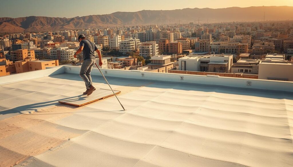 A sun-drenched rooftop in Abha, featuring a skilled worker applying a thick, protective coating to the surface. The image showcases the meticulous process of roof insulation, with the worker carefully spreading the material across the expanse, ensuring every inch is covered. In the background, the vibrant cityscape of Abha rises, its modern architecture contrasting with the traditional techniques being employed. The lighting is warm and natural, casting a golden glow over the scene and emphasizing the importance of proper roof insulation in the region's hot, arid climate. The overall atmosphere conveys the expertise and professionalism of the roofing company, as they work to safeguard the homes and businesses of Abha.