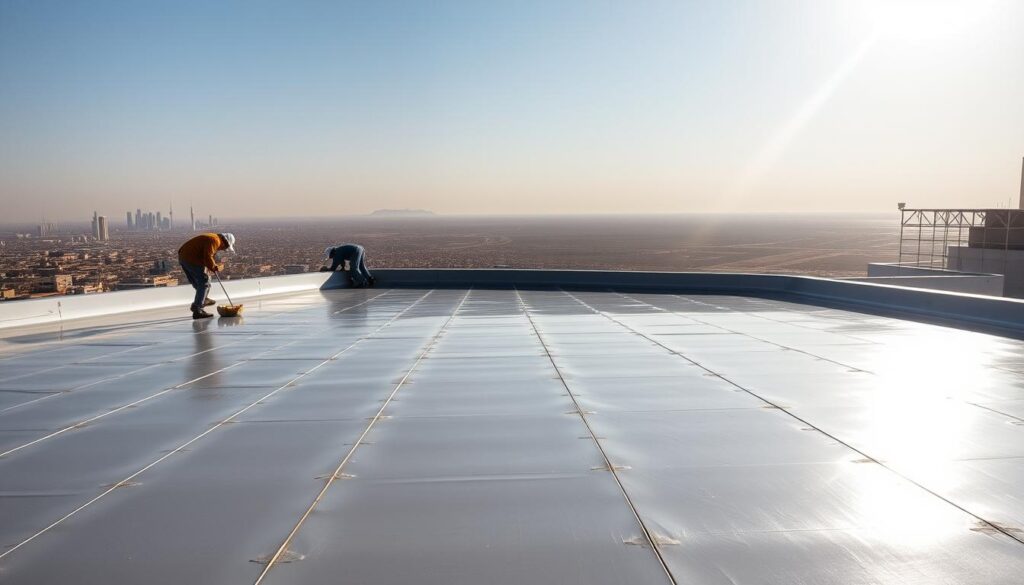 A sun-drenched rooftop with a well-insulated, seamless membrane coating the surface, reflecting the scorching Saudi Arabian heat. In the foreground, workers diligently applying the waterproof, heat-resistant material, ensuring the roof's resilience against the region's extreme temperatures. The middle ground showcases the intricate process of sealing and securing the membrane, creating a cohesive, protective layer. The background features a picturesque skyline, highlighting the importance of effective rooftop insulation in this urban setting. The scene conveys a sense of meticulous craftsmanship, emphasizing the vital role of professional rooftop insulation in the Saudi climate.