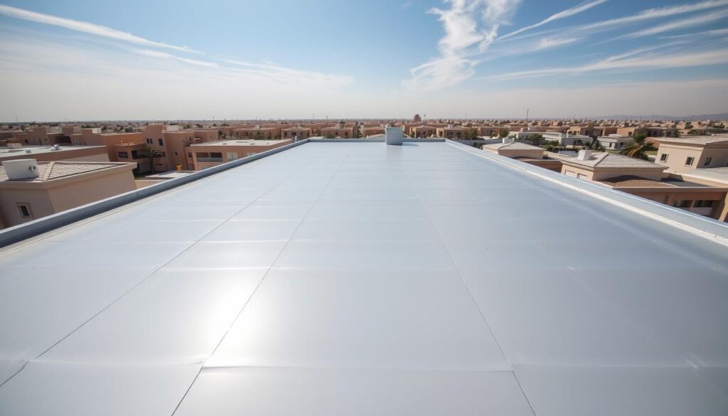 A sunny, high-angle view of a residential neighborhood in Reem Al Suleimani, Saudi Arabia. In the foreground, a flat rooftop is covered in a seamless, reflective membrane of specialized waterproofing material, creating a sleek, modern appearance. The middle ground shows the surrounding buildings, their roofs protected by the same high-quality insulation and sealant system. In the background, a clear blue sky with wispy clouds creates a serene, calming atmosphere. The image conveys a sense of efficiency, durability, and environmental harmony, showcasing the reliable roofing solutions offered by the company.