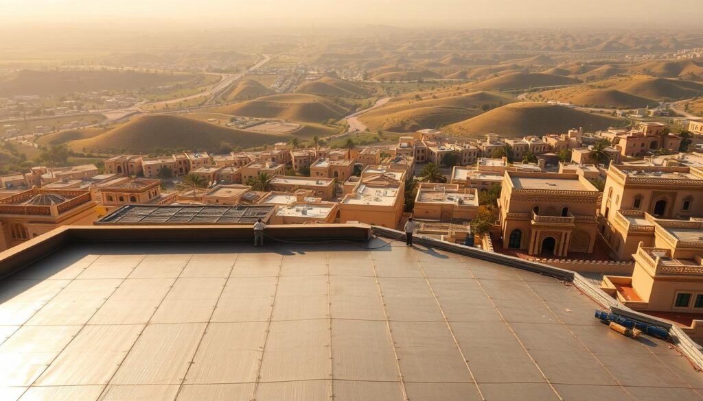 A vast expanse of a residential area in Muhayil Asir, Saudi Arabia. In the foreground, a meticulously maintained rooftop, its surface shimmering with a seamless waterproof membrane. Surrounding it, a panorama of traditional Arabian architecture, with intricately designed facades and ornate details. The midground showcases skilled workers carefully applying the insulation material, ensuring maximum protection against the region's harsh climate. The background is filled with the lush, verdant landscape of Muhayil Asir, the hills and valleys creating a serene and picturesque setting. Warm, diffused lighting casts a golden glow over the scene, highlighting the craftsmanship and attention to detail in the roofing installation process.