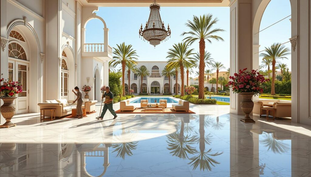 A vast, luxurious villa nestled amidst the lush greenery of Wadi Ibn Hisham. Sunlight streams through tall, arched windows, illuminating the pristine white walls and intricate tile patterns. In the foreground, a team of professional cleaners meticulously scrubs the marble floors, polishing every surface to a gleaming finish. The middle ground showcases the villa's elegant furnishings - plush sofas, ornate chandeliers, and ornate vases overflowing with vibrant flowers. The background reveals the villa's expansive grounds, with manicured gardens, towering palm trees, and a shimmering pool that reflects the azure sky. The scene conveys a sense of tranquility, attention to detail, and the exceptional service offered by the cleaning company.