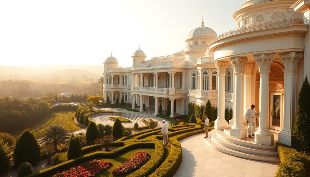 A vast, ornately decorated villa nestled in the lush greenery of Ahad Rifaie, its pristine white walls gleaming under the warm, golden sunlight. In the foreground, a team of meticulous cleaners, dressed in crisp uniforms, diligently scrubbing and polishing every inch of the intricate facade, ensuring the residence shines with immaculate perfection. The middle ground reveals the meticulously manicured gardens, with vibrant flowers and neatly trimmed hedges, complementing the stately elegance of the structure. In the background, the hazy silhouettes of other grand villas and palaces can be seen, hinting at the affluence and prestige of this exclusive enclave. The scene conveys a sense of unparalleled attention to detail, professionalism, and the unwavering commitment to providing the highest standards of cleaning and maintenance for the most discerning clientele.