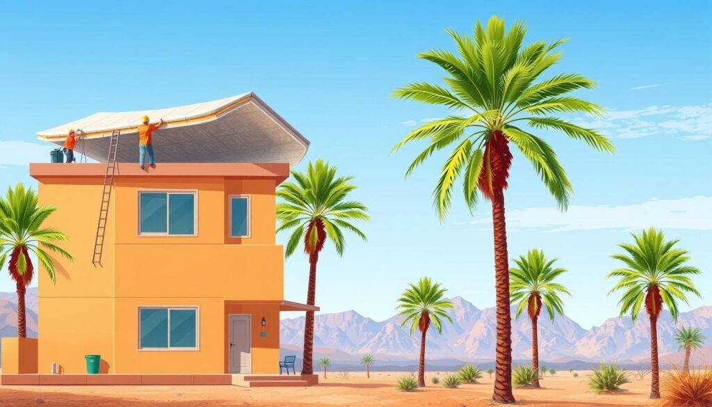 A vibrant and detailed illustration showcasing the services of a roof insulation company in Tanumah. In the foreground, a modern two-story building with a flat roof, its exterior walls adorned with warm earth tones. Atop the structure, workers diligently apply a thick, reflective insulation material, expertly sealing the roof against the elements. The middle ground features lush palm trees swaying gently in a soft breeze, while the background depicts the serene desert landscape, with rugged mountains and a clear azure sky. The scene exudes a sense of professionalism, efficiency, and environmental consciousness, capturing the essence of the "Roof Insulation Services in Tanumah" section.