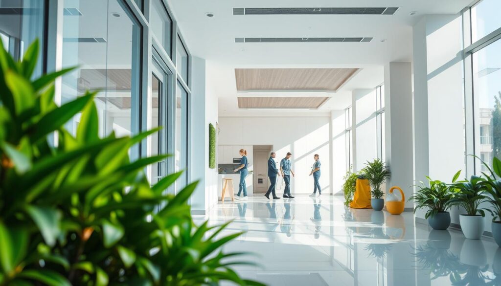 A vibrant and well-organized cleaning services company in the heart of Sarae Obede. The facade features a modern, minimalist design with clean lines and large windows, conveying a sense of professionalism and attention to detail. The entrance is framed by lush greenery, creating a welcoming atmosphere. Inside, the lobby showcases the company's commitment to sustainability, with eco-friendly materials and energy-efficient lighting. Sunlight streams in, illuminating the pristine, spotless floors and surfaces. In the background, a team of skilled cleaners can be seen diligently working, their uniforms crisp and their movements efficient. The overall scene exudes a calming, orderly ambiance that reflects the company's dedication to providing exceptional cleaning services to the local community.
