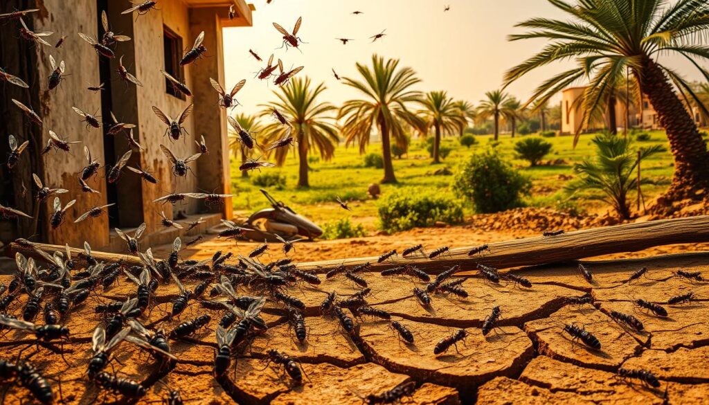 A vibrant, detailed scene showcasing the diverse insect pests prevalent in the Abha region. In the foreground, a cluster of mosquitoes, flies, and cockroaches swarm around a dilapidated building, their compound eyes glinting in the warm, diffused sunlight. In the middle ground, a trail of termites crawls across weathered wooden beams, while a scattering of ants march determinedly across the cracked earth. In the background, a lush, verdant landscape dotted with palm trees and shrubs provides a serene contrast to the bustling insect activity. The image conveys a sense of the environmental challenges faced by residents in combating the persistent insect infestation endemic to the Abha area.
