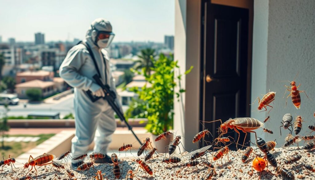 A vibrant scene depicting the battle against pests in Al Dhahran Al Janoub. In the foreground, a professional exterminator in a protective suit meticulously inspects a home's exterior, armed with specialized equipment. The middle ground showcases a diverse array of common household insects, such as cockroaches, ants, and mosquitoes, conveying the pervasive nature of the pest problem. In the background, the bustling urban landscape of Al Dhahran Al Janoub is visible, hinting at the widespread need for comprehensive pest control services. The lighting is crisp and natural, capturing the serious undertone of the task at hand. The overall composition emphasizes the importance of professional pest management in maintaining a healthy and comfortable living environment within the community.