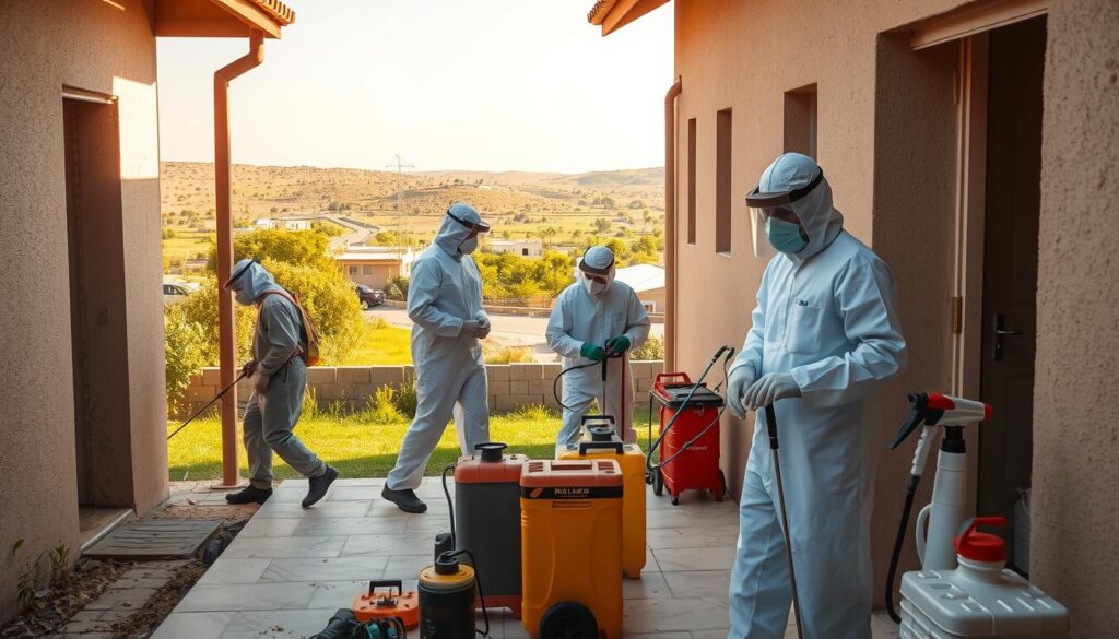 A vibrant scene of pest control in Barq, Saudi Arabia. In the foreground, a team of professionals in protective gear methodically inspects a residential property, carefully examining the nooks and crannies for signs of common Barq pests such as cockroaches, ants, and termites. The middle ground features various pest control equipment, including sprayers and traps, neatly arranged and ready for deployment. In the background, the lush, verdant landscape of Barq's countryside serves as a serene backdrop, suggesting the natural harmony disrupted by the intrusion of these unwelcome guests. Warm afternoon sunlight filters through the scene, casting soft shadows and highlighting the diligence of the pest control specialists as they work to restore balance and protect the local community.