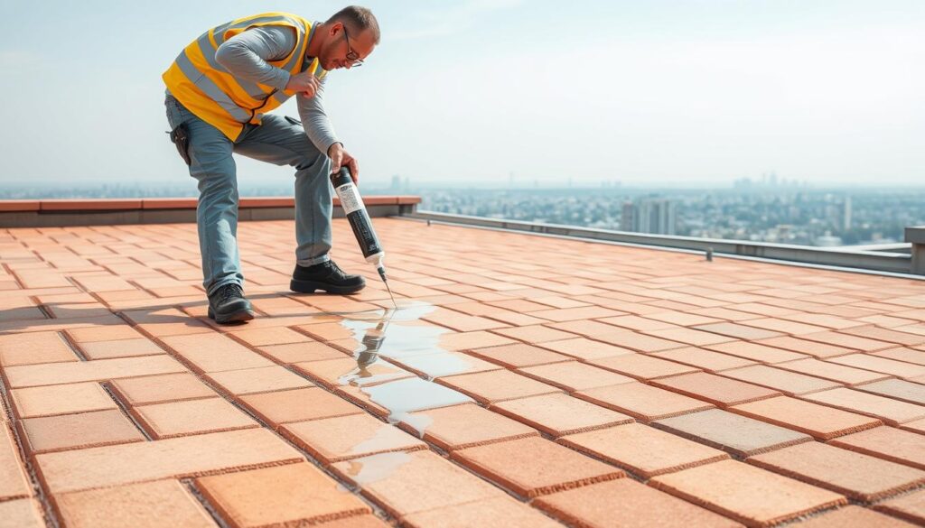 A well-insulated flat roof, its surface covered in a layer of interlocking paving tiles. The tiles are a warm, earthy terracotta hue, their texture and patterns visible under soft, diffused natural lighting. In the foreground, a technician in a safety vest carefully applies a thick, viscous liquid sealant to the tile joints, ensuring a seamless, watertight barrier. The sealant glistens with a glossy finish, reflecting the sky above. In the background, the rooftop is surrounded by a low parapet wall, beyond which the cityscape extends into the distance, hazy under a clear, azure sky. The overall scene conveys a sense of diligence, precision, and the reliable protection of a well-executed roofing solution.