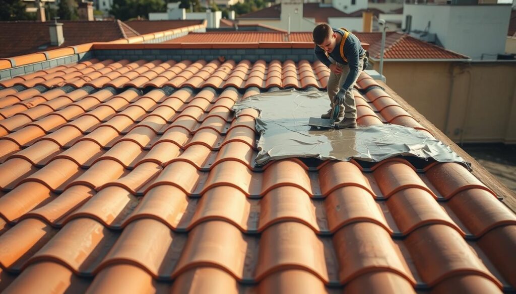 A well-insulated rooftop, featuring a tiled surface in a warm, earthy tone. The tiles are meticulously laid, creating a smooth, seamless pattern. In the foreground, a worker applies a thick, adhesive coating, carefully smoothing it over the tiles with a specialized tool. The background showcases the surrounding buildings, their roofs and walls blending harmoniously with the scene. The lighting is soft and natural, casting gentle shadows that accentuate the texture of the materials. The overall atmosphere conveys a sense of diligence, attention to detail, and the importance of proper rooftop insulation for energy efficiency and long-term protection.