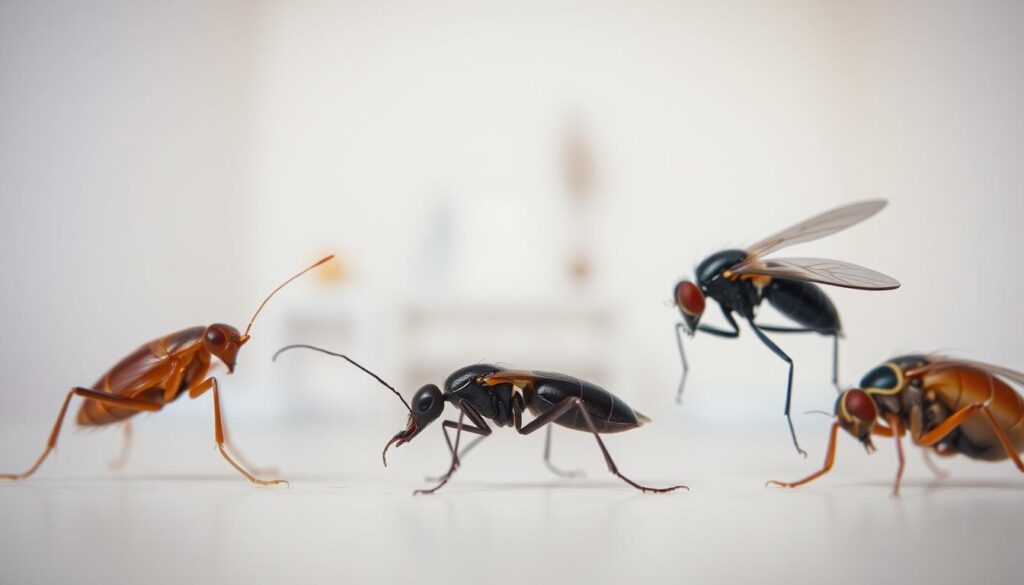 A well-lit, close-up scene depicting an assortment of common household pests found in the Buraimi As-Saylah region. The foreground features a detailed, high-resolution illustration of a cockroach, ant, and house fly, each shown in profile against a clean, slightly out-of-focus background. The middle ground contains an indistinct, blurred representation of a residential home or building, hinting at the indoor environment where these insects thrive. The background is a softly-lit, neutral tone that gently fades to emphasize the central pests. The overall composition is crisp, realistic, and designed to educate and inform the viewer about the diverse insect life prevalent in the Buraimi As-Saylah area.