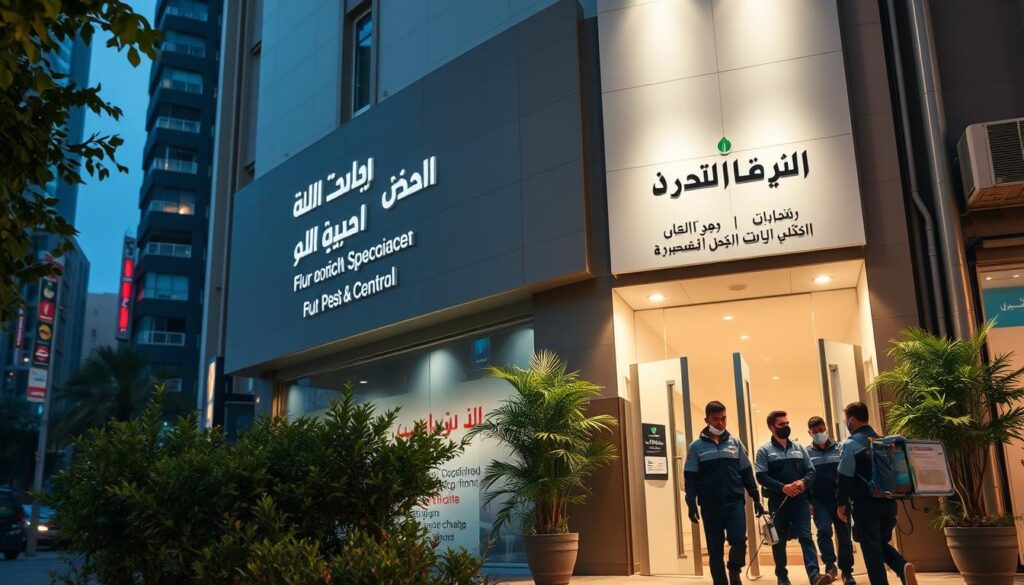 A well-lit commercial building with a modern, minimalist facade stands prominently in a bustling urban district. The exterior is adorned with a sleek, Arabic-style signage reading "شركة مكافحة الصراصير في بريم السليل", indicating the location of a pest control company specialized in tackling cockroach infestations. The building is surrounded by lush greenery, and the scene conveys a sense of professionalism, cleanliness, and attention to detail. In the foreground, a team of uniformed technicians can be seen entering the premises, carrying specialized equipment, ready to provide their expertise and services to the community.
