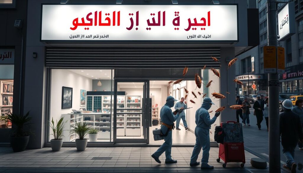 A well-lit commercial storefront featuring the signage "شركة مكافحة الصراصير بسراه عبيده" in bold Arabic calligraphy. The building has a modern, minimalist design with clean lines and large windows showcasing the company's services. The entrance is flanked by potted plants and the sidewalk is neatly paved. In the foreground, a team of professional exterminators in protective gear carefully applying insecticides to eradicate an infestation of cockroaches crawling on the walls. The background depicts a bustling street scene with pedestrians and vehicles, conveying a sense of a thriving local community. The overall mood is one of professionalism, efficiency, and a commitment to providing high-quality pest control solutions.