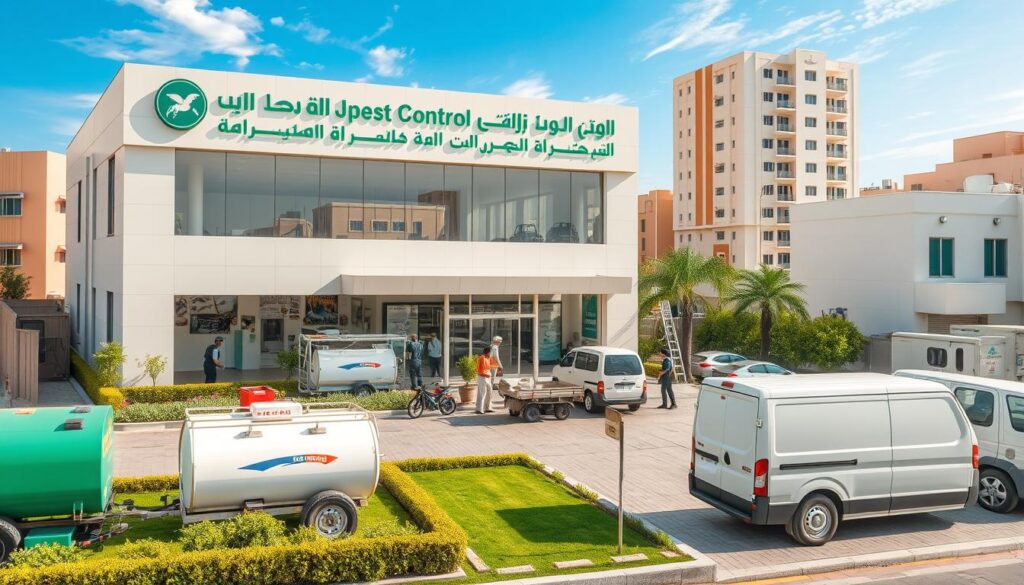 A well-lit, detailed exterior view of a professional pest control company in Zuhran Al-Janub, Saudi Arabia. The building has a modern, clean facade with large windows, a prominent company sign, and a neat, manicured landscape. In the foreground, various pest control equipment and vehicles are visible, conveying the company's expertise and services. The middle ground showcases the bustling activity of the company, with workers in uniform attending to their duties. The background features the surrounding urban environment, with complementary architectural elements and a clear, vibrant sky. The overall scene radiates a professional, trustworthy, and efficient atmosphere befitting a reliable pest control provider.