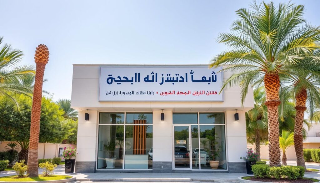 A well-lit, high-resolution photograph of a professional pest control company's office building in Khamis Mushait, Saudi Arabia. The facade features a large sign with the company's name "شركة مكافحة الصراصير بخميس مشيط" in Arabic and English. The building has a modern, clean design with glass windows and a metal roof. The surrounding area is lush with palm trees and greenery, creating a tranquil, suburban atmosphere. The image captures the company's professionalism and expertise in providing effective pest control services to the local community.