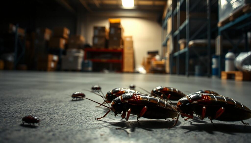 A well-lit industrial warehouse interior, with a focus on a group of cockroaches crawling on the floor. The cockroaches are large and detailed, with intricate textures and shadows. The background features stacked boxes, metal shelves, and a dimly lit corner, creating a sense of depth and atmosphere. The lighting is soft and diffused, creating long shadows and highlighting the cockroaches' features. The overall tone is slightly gritty and industrial, conveying the challenges of pest control in a commercial setting.