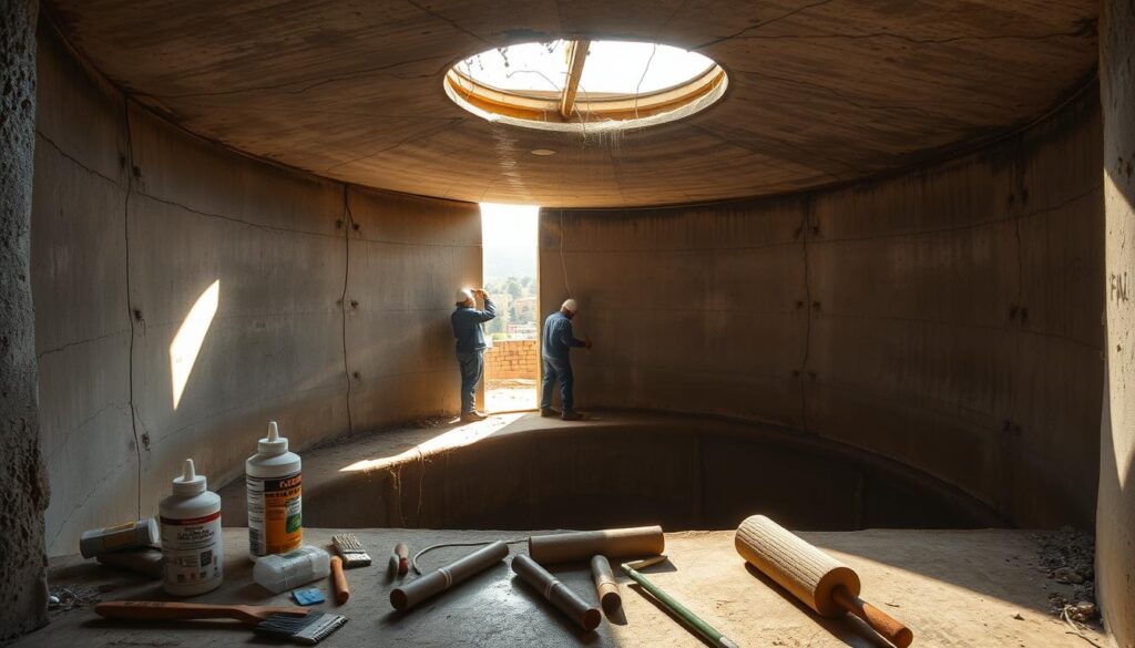 A well-lit interior view of an underground water storage tank in the town of Sarat Obaidah. The tank's concrete walls and floor are clearly visible, with sunlight streaming in through an open hatch. The tank appears to be in need of maintenance, with signs of cracks and discoloration on the surfaces. The foreground shows tools and materials used for tank sealing and waterproofing, such as sealants, brushes, and rollers. The middle ground depicts workers in protective gear applying waterproofing treatments to the tank's walls. The background suggests the surrounding environment of the town, with distant buildings and greenery visible through the open hatch. The overall atmosphere conveys the importance of proper water tank maintenance and sealing to address common issues in the Sarat Obaidah region.
