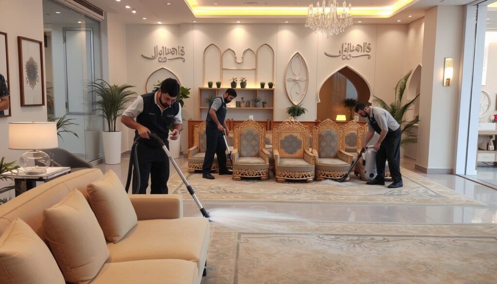 A well-lit, modern interior showcasing a professional carpet cleaning service in Sarayat Abaidah. In the foreground, a team of cleaners meticulously vacuums and shampooes a plush, beige fabric sofa, using advanced equipment and techniques. In the middle ground, a collection of traditional Arabic seating arrangements, known as majlis, are being cleaned with specialized tools, restoring their vibrant colors and pristine condition. The background depicts the company's showroom, featuring elegant wall decor, potted plants, and warm lighting that creates a welcoming atmosphere. The overall scene conveys a sense of care, expertise, and commitment to providing top-quality carpet and upholstery cleaning services to the local community.