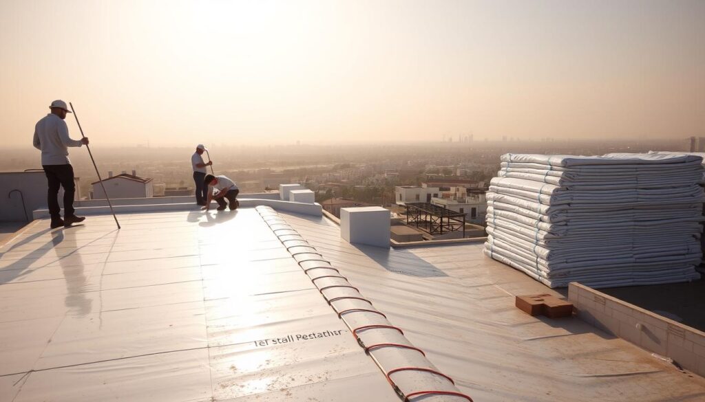 A well-lit rooftop in Bisha, Saudi Arabia, showcasing a professional insulation company's services. In the foreground, a team of skilled workers applying a reflective, weather-resistant coating to a residential building's roof, ensuring effective heat and moisture protection. The middle ground features neatly stacked insulation materials, highlighting the company's comprehensive solutions. In the background, a panoramic view of the city's skyline, conveying the company's local expertise and commitment to the community. The image exudes a sense of professionalism, attention to detail, and a dedication to providing high-quality insulation services to the people of Bisha.
