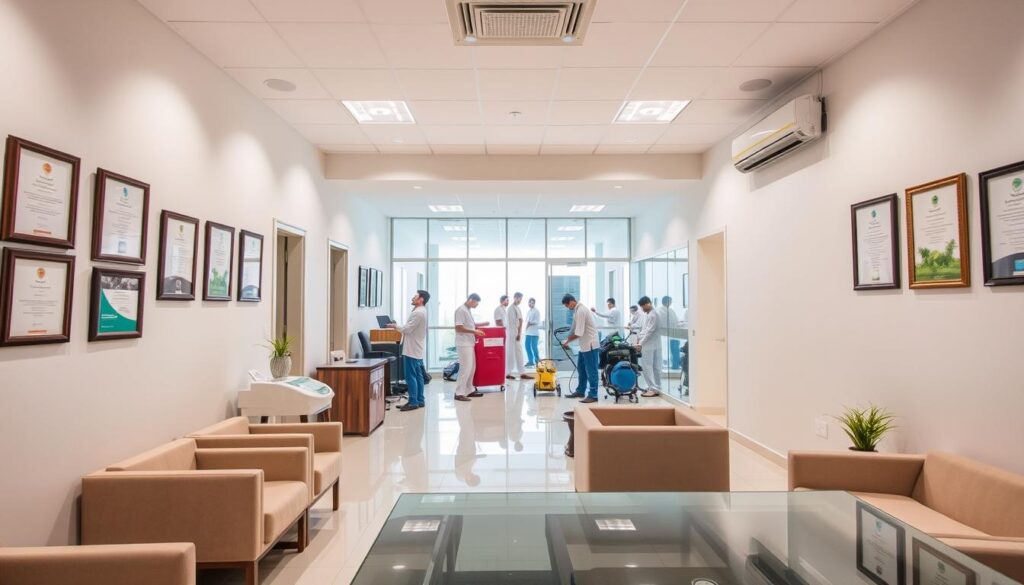 A well-lit, spacious office interior of a cleaning company in Tanumah, Saudi Arabia. The scene features a reception area with a modern glass-topped desk and comfortable seating. The walls are adorned with framed certificates and awards, showcasing the company's expertise and professionalism. In the background, a team of cleaners, dressed in crisp uniforms, can be seen diligently working on various cleaning tasks, using state-of-the-art equipment. The overall atmosphere exudes a sense of efficiency, attention to detail, and a commitment to providing comprehensive cleaning services to the local community.