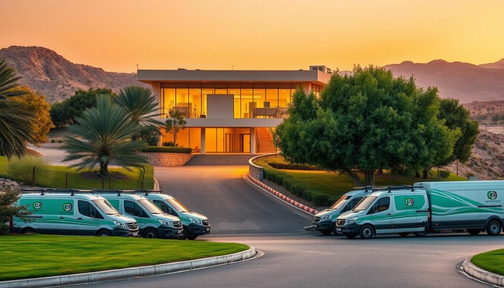 A well-maintained and organized pest control company in the scenic Wadi Ibn Hisham region, with a team of experienced technicians using state-of-the-art equipment. The image depicts the company's headquarters, a modern two-story building with a distinctive Arabic architectural style, surrounded by lush greenery and a winding road leading up to the entrance. In the foreground, a fleet of company vehicles is neatly parked, conveying a sense of professionalism and efficiency. The lighting is warm and inviting, casting a golden glow over the scene and creating a welcoming atmosphere. The overall composition captures the essence of the company's commitment to providing reliable and comprehensive pest control services to the local community.