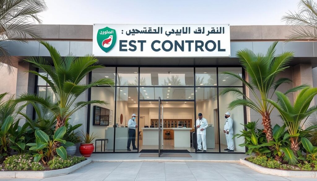 A well-maintained, modern pest control company in Mahayil Asir, Saudi Arabia. The building has a sleek, professional appearance with a mixture of glass, steel, and concrete elements. The entrance is framed by lush, tropical landscaping, conveying a sense of care and attention to detail. Inside, the lobby is brightly lit, with a minimalist design and informative signage. Technicians in crisp uniforms are visible through large windows, projecting an image of expertise and efficiency. The overall scene evokes a trusted, reliable service provider dedicated to the community's well-being.