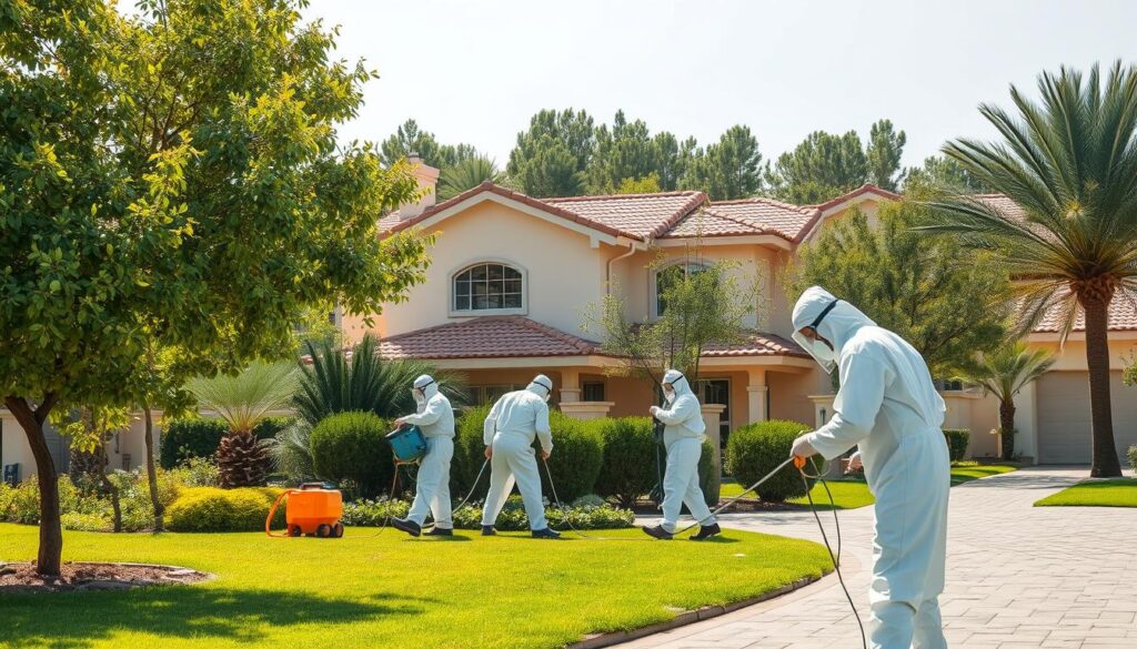 A wide, well-lit shot of a residential neighborhood in Khamis Mushait, Saudi Arabia. In the foreground, a team of pest control experts in protective gear is diligently treating a home for termite infestation, using specialized equipment and chemical treatments. The middle ground shows the exterior of the home, with its distinctive architectural features. In the background, lush, verdant trees and landscaping create a serene, natural setting, conveying the tranquility of the local community. The scene emanates a sense of professionalism, efficiency, and environmental awareness in tackling the termite problem effectively.