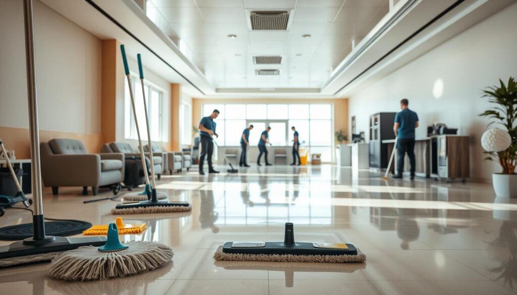 A wide, well-lit workspace in the heart of Sarra Abeidah, showcasing the comprehensive services of a professional cleaning company. The foreground features state-of-the-art cleaning equipment, mops, and brushes neatly arranged, conveying efficiency and attention to detail. The middle ground depicts a team of uniformed cleaners diligently scrubbing floors and wiping surfaces, capturing the company's dedication to thorough, meticulous work. The background showcases a spotless, gleaming interior with high ceilings and large windows, bathed in natural light, radiating a sense of cleanliness and order. Warm, earthy tones and clean, minimalist design elements create a welcoming, professional atmosphere, reflecting the company's commitment to providing exceptional cleaning services to the local community.