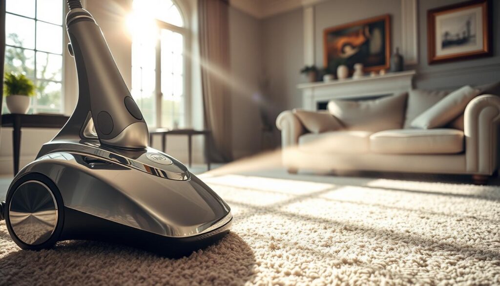 An elegantly composed image showcasing a modern steam cleaning device in use. The foreground features the sleek, polished machine, its hose extending towards a plush, stain-free carpet in the middle ground. Sunlight streams through large windows, casting a warm, natural glow and highlighting the machine's chrome accents. In the background, a well-appointed living room with tasteful furnishings and decor creates a serene, high-end ambiance. The scene conveys the effectiveness, efficiency, and sophistication of the steam cleaning process, perfectly complementing the article's focus on the latest cleaning technologies and techniques.