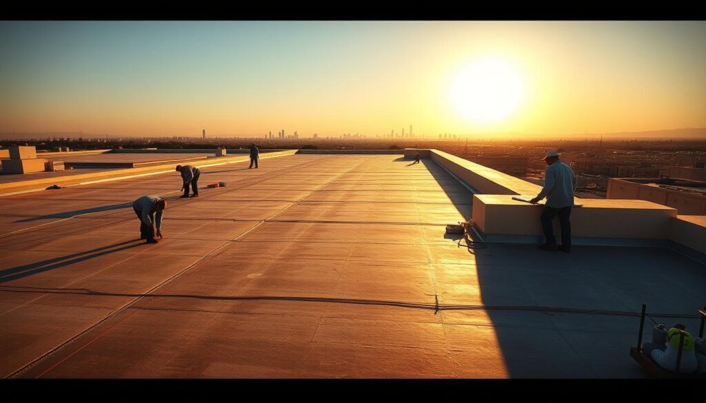 An expansive rooftop in Bariq, with a team of skilled workers meticulously applying a specialized waterproofing membrane. The scene is bathed in warm, golden sunlight, casting shadows that accentuate the intricate textures of the materials. In the foreground, workers carefully smooth the sealant, ensuring a seamless and durable finish. The middle ground showcases the organized layout of the worksite, with tools and equipment neatly arranged. In the background, the picturesque Bariq skyline provides a serene and picturesque backdrop, emphasizing the importance of proper rooftop insulation in this region.
