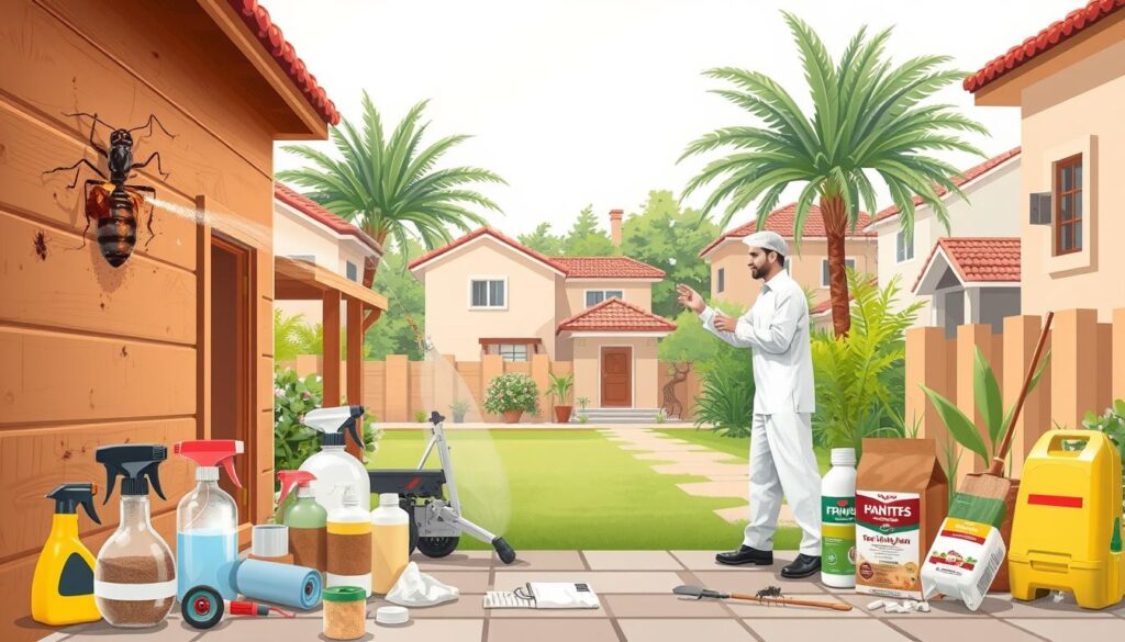 Detailed illustration of pest control services for white ants in Bishah, Saudi Arabia. A professional exterminator inspecting a residential property, examining termite damage on wooden structures. In the foreground, various tools and equipment used for treatment, such as sprays, powders, and baits. In the middle ground, the exterminator demonstrating the application of control methods to homeowners. The background depicts a typical Bishah neighborhood, with traditional architecture and lush greenery. The scene conveys a sense of professionalism, expertise, and customer service in addressing the white ant infestation problem.