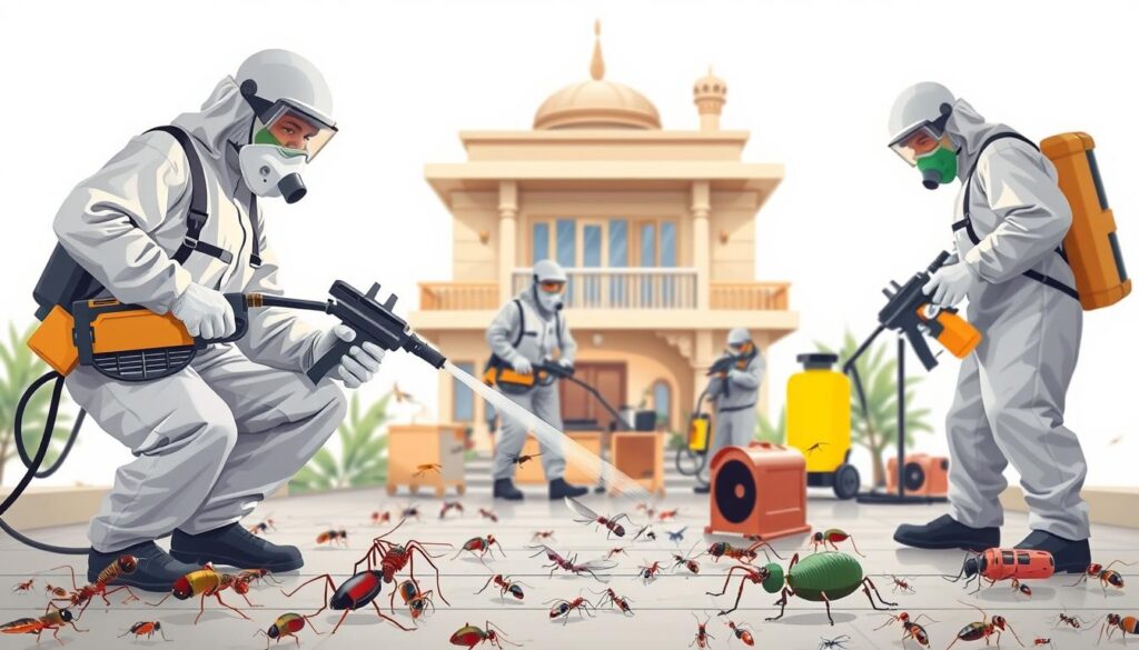Detailed illustration of professional pest control services in an Arabic setting. In the foreground, a team of technicians in protective gear applying insecticide to eradicate a variety of household pests such as cockroaches, ants, and mosquitoes. In the middle ground, a variety of pest control equipment and tools, including sprayers, traps, and monitoring devices. In the background, an Arabic-style building or home, representing the residential or commercial space being treated. The lighting is bright and even, emphasizing the efficacy and professionalism of the pest control operation. The overall mood is one of efficiency, safety, and customer-focused service.