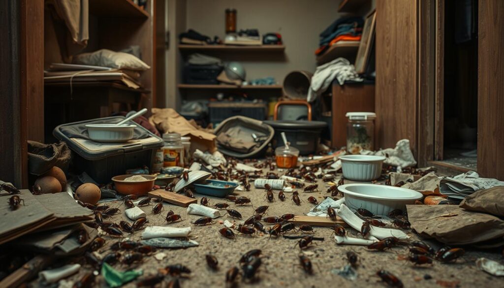 Detailed image of a cluttered residential apartment interior, focusing on an infestation of cockroaches. Warm, dimly lit setting with muted tones. Cockroaches crawling across the floor, walls, and scattered clutter - discarded food containers, dirty dishes, and other debris. Emphasis on the pervasive presence of the pests, conveying a sense of frustration and the need for professional pest control services. Realistic textures and lighting to heighten the unsettling atmosphere. Camera angle slightly elevated to provide a comprehensive view of the infested space.