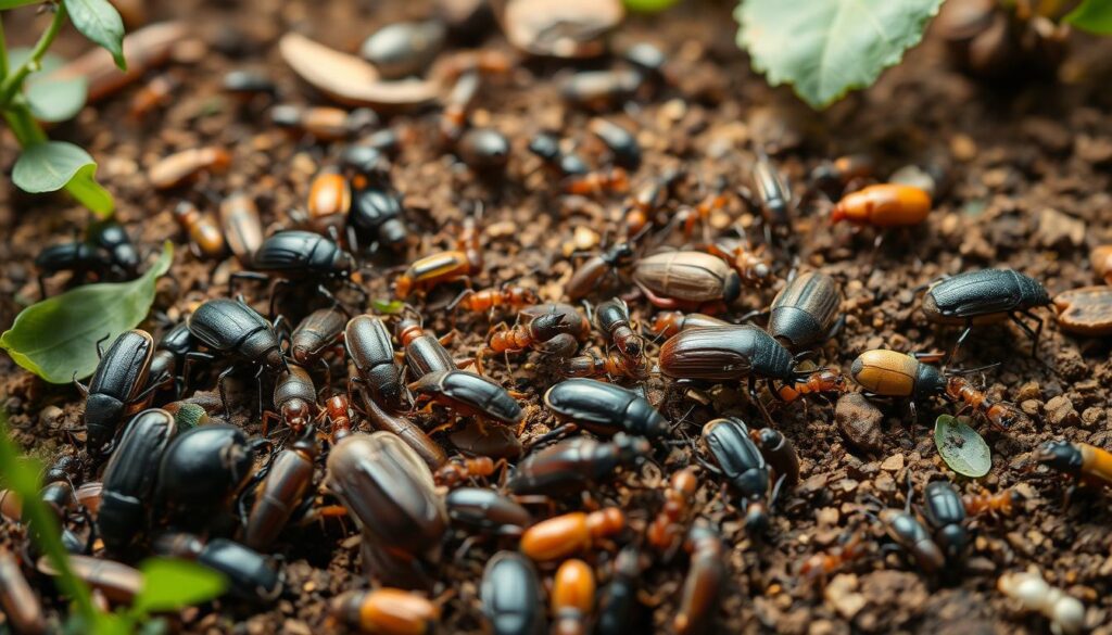 Detailed macro view of a diverse array of crawling insects in their natural habitat, showcasing the rich insect biodiversity found in Tanumah. The foreground features a cluster of various beetles, cockroaches, and millipedes, their intricate textures and unique features meticulously rendered. The middle ground depicts a mix of spiders, ants, and other small crawlers, while the background subtly hints at a lush, verdant environment with hints of foliage and soil. Soft, natural lighting illuminates the scene, emphasizing the delicate details and intricate structures of these fascinating creatures. The overall composition aims to capture the essence of the diverse insect life thriving in the Tanumah region.