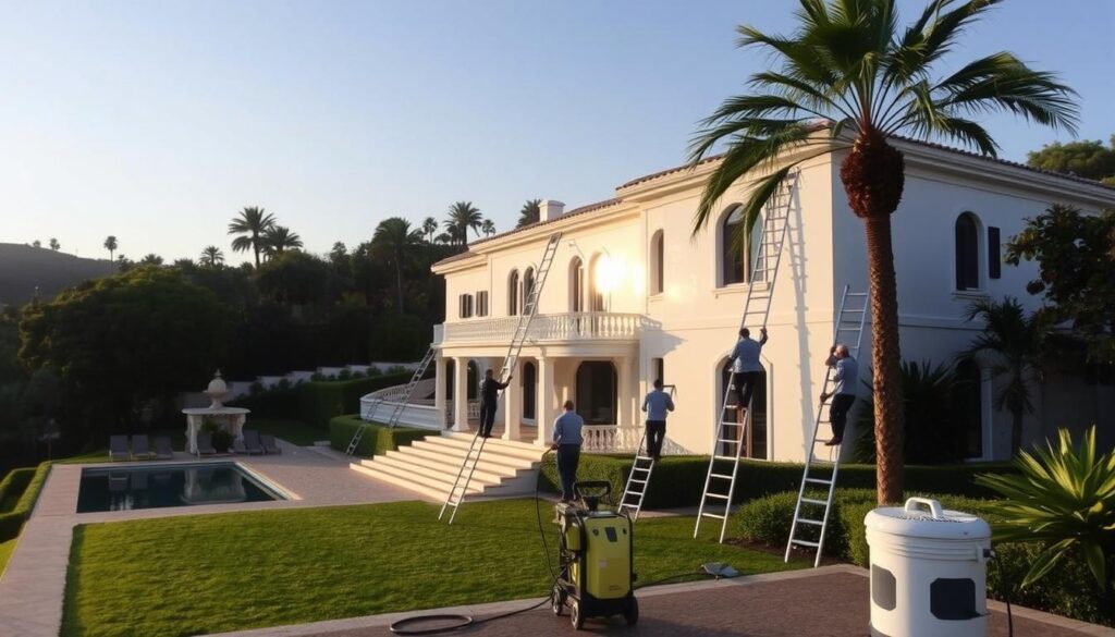 Exterior villa cleaning: A sprawling villa nestled amidst lush greenery, its pristine white walls reflecting the warm sunlight. A team of skilled cleaners ascends ladders, meticulously scrubbing the facade, removing grime and restoring the facade's radiant sheen. In the foreground, specialized cleaning equipment stands ready, while the background reveals a serene, picturesque landscape dotted with palm trees. The scene conveys a sense of diligence, attention to detail, and the transformative power of professional villa cleaning services.