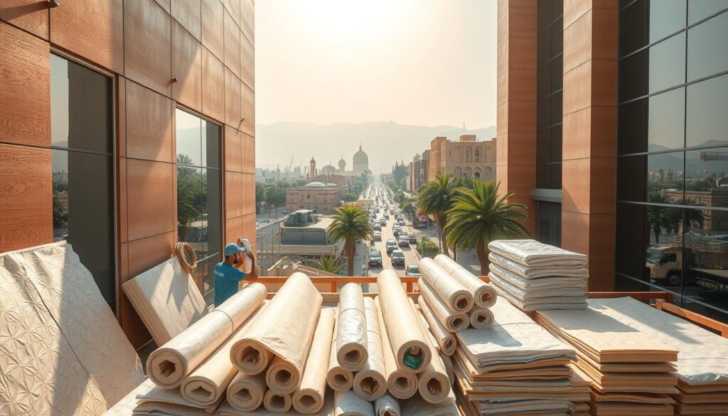 Thermal insulation in Abha, a tranquil cityscape. A modern building facade with sleek, textured paneling in warm earth tones. Sunlight streams through large windows, casting soft shadows. In the foreground, workers carefully install insulation, their movements precise and deliberate. The middle ground features a diverse array of insulation materials - rolls of fiber, rigid foam boards, and reflective foils. In the background, the bustling streets of Abha are visible, with lush greenery and traditional architecture providing a picturesque contrast. The scene conveys a sense of efficiency, expertise, and a commitment to energy-efficient construction in this thriving Saudi Arabian city.