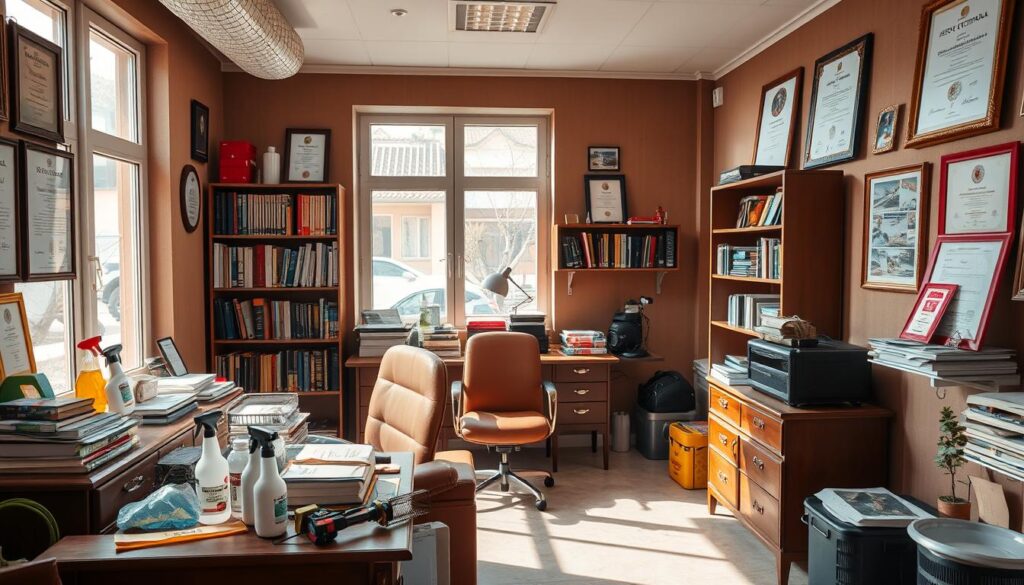 a cozy office interior with a desk, chair, and shelves filled with books and files, depicting a pest control company called "شركة مكافحة حشرات بسراه عبيده". The room is well-lit with natural light streaming through large windows, creating a warm and inviting atmosphere. On the desk, there are various tools and equipment used for pest control, such as sprays, traps, and protective gear. The walls are adorned with framed certificates and awards, highlighting the company's expertise and reputation in the field of pest management. The overall scene conveys a professional and trustworthy environment, reflecting the high-quality services offered by "شركة مكافحة حشرات بسراه عبيده".